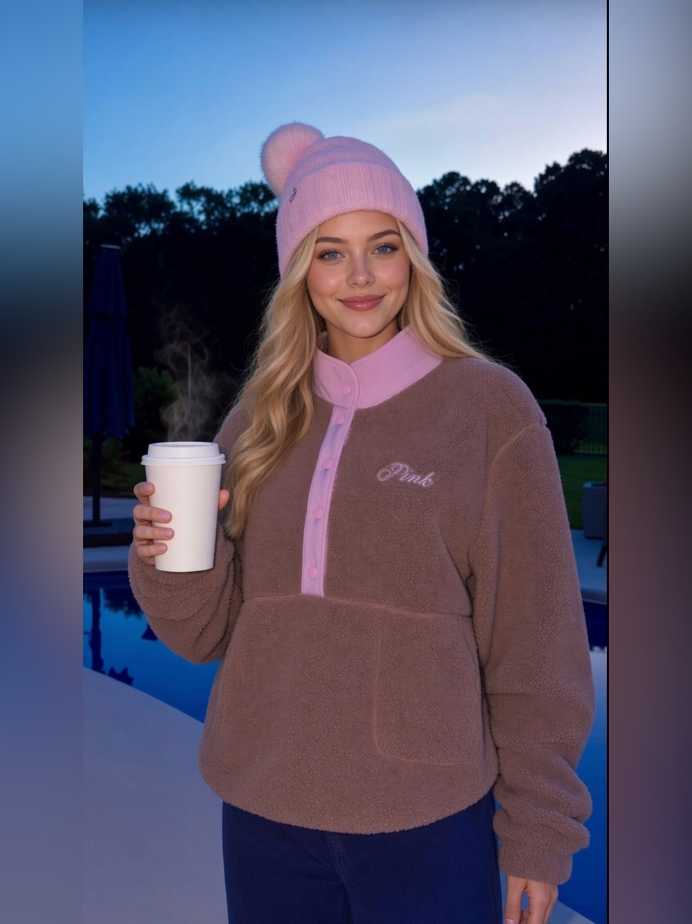 PINK Victoria's Secret - Pullover Teddy Brown Sherpa with Pink Trim - Picture 9 of 9